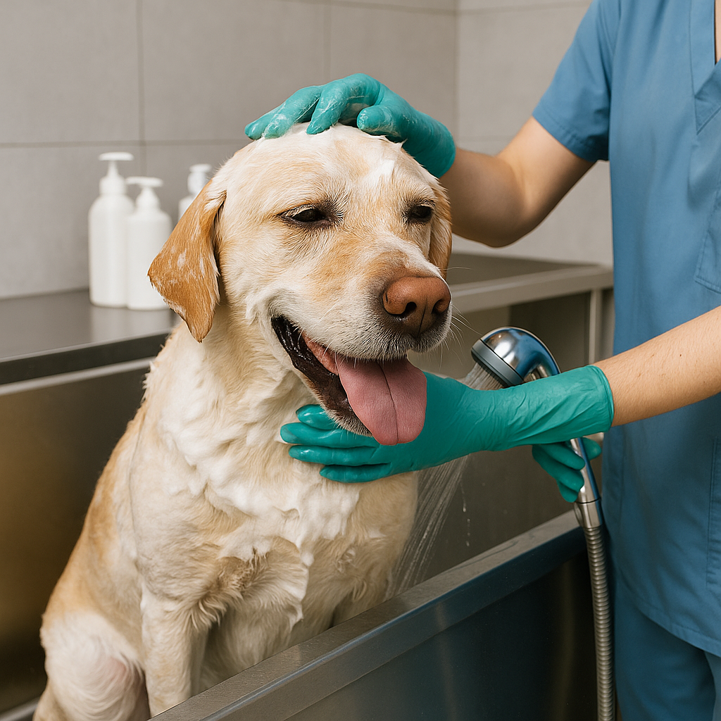 Perro recibiendo baño e higiene veterinaria